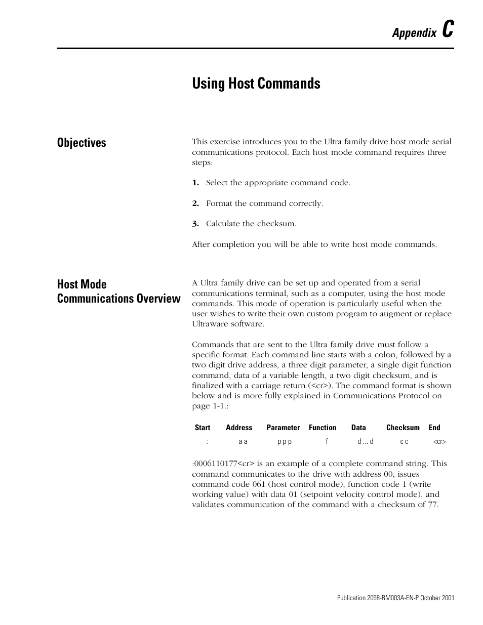 Using host commands, Objectives, Host mode communications overview | Appendix c, Appendix | Rockwell Automation 2098-DSD-xxx Ultra3000 Host Commands for Serial Interface User Manual | Page 165 / 176