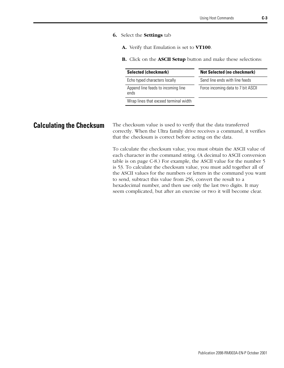 Calculating the checksum | Rockwell Automation 2098-DSD-xxx Ultra3000 Host Commands for Serial Interface User Manual | Page 167 / 176