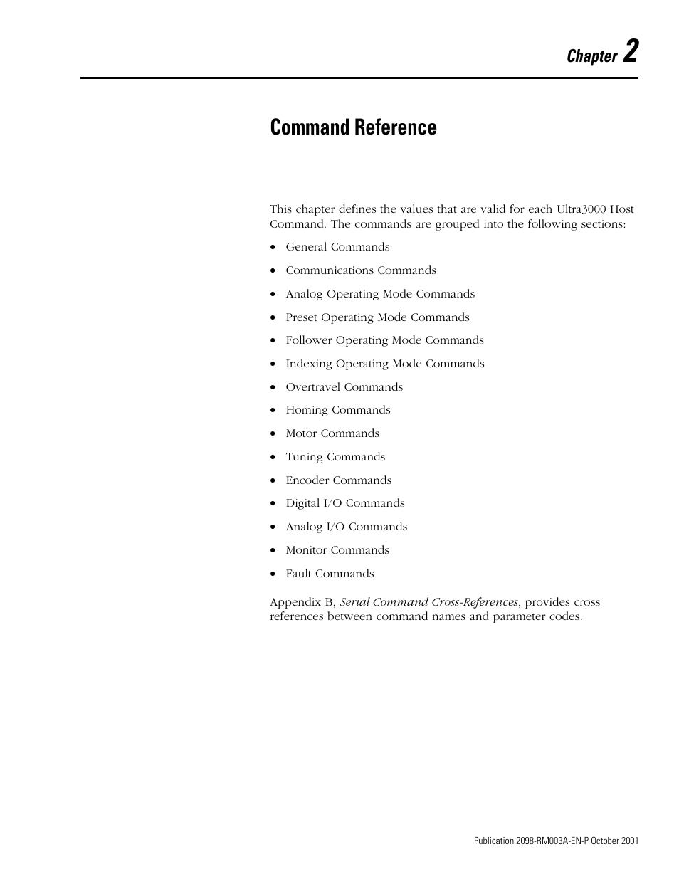Command reference, Chapter 2 | Rockwell Automation 2098-DSD-xxx Ultra3000 Host Commands for Serial Interface User Manual | Page 17 / 176