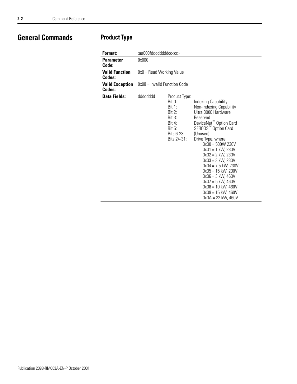 General commands, Product type, General commands -2 | Product type -2 | Rockwell Automation 2098-DSD-xxx Ultra3000 Host Commands for Serial Interface User Manual | Page 18 / 176
