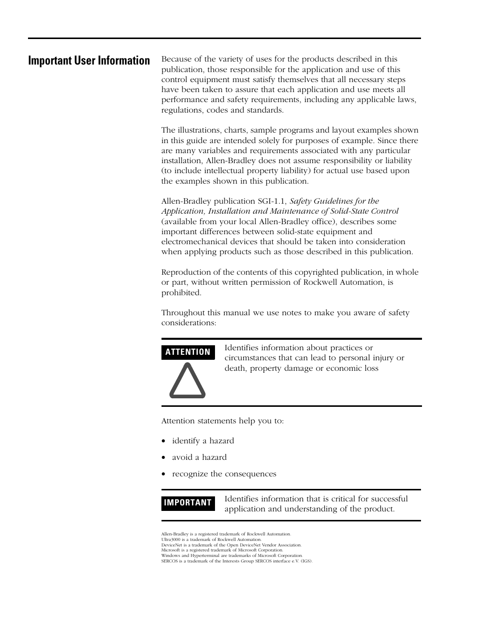 Important user information | Rockwell Automation 2098-DSD-xxx Ultra3000 Host Commands for Serial Interface User Manual | Page 2 / 176