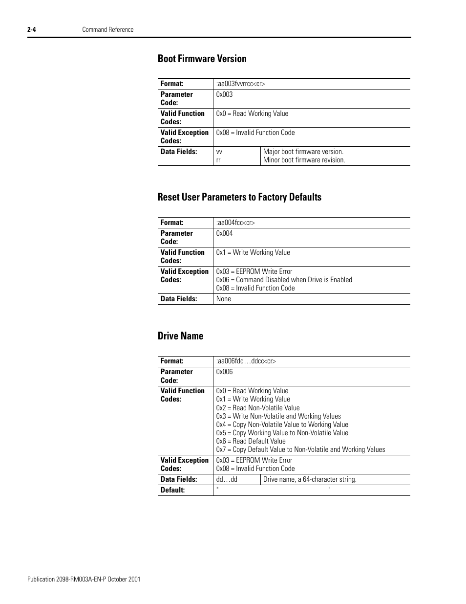 Boot firmware version, Reset user parameters to factory defaults, Drive name | Rockwell Automation 2098-DSD-xxx Ultra3000 Host Commands for Serial Interface User Manual | Page 20 / 176