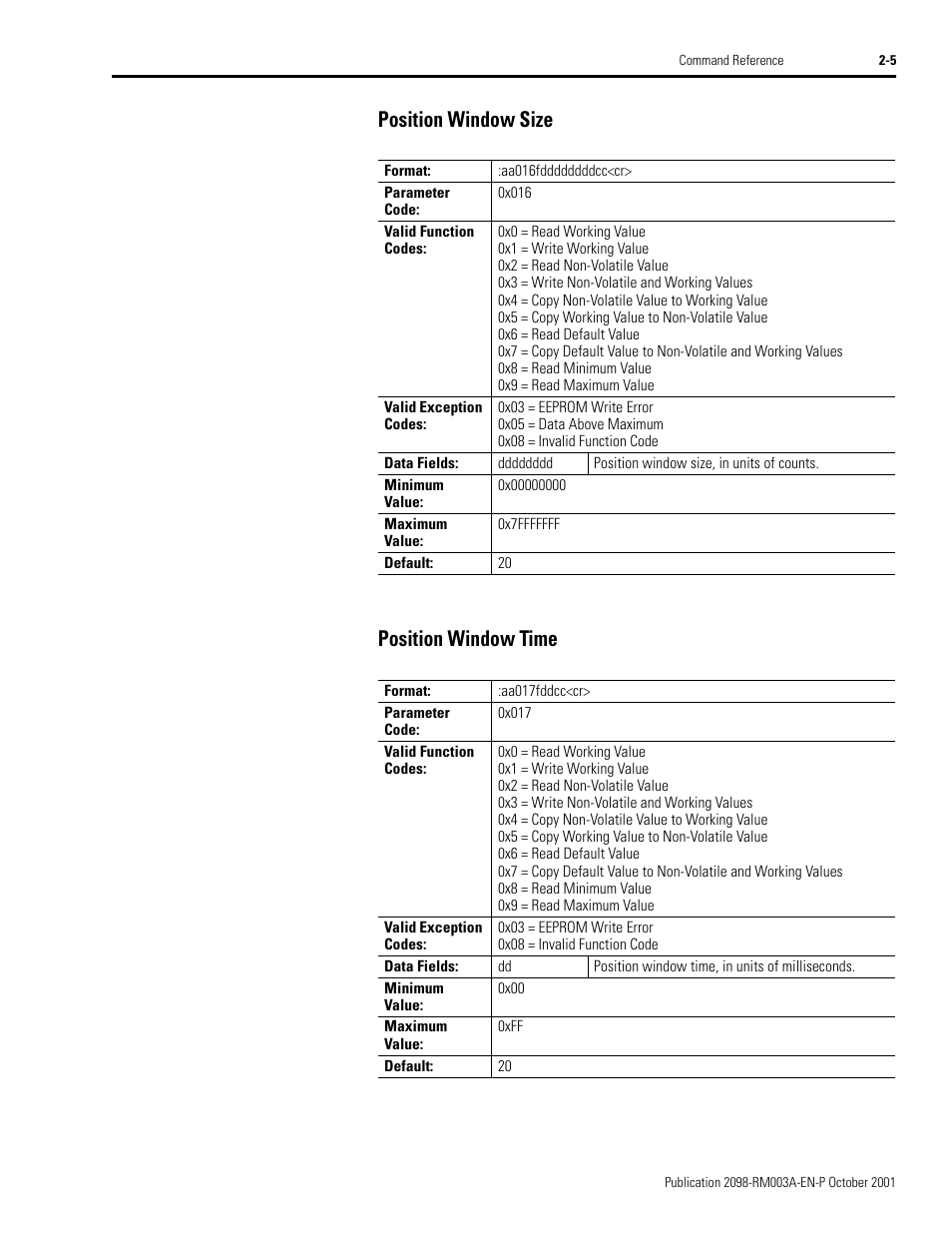 Position window size, Position window time, Position window size -5 position window time -5 | Position window size position window time | Rockwell Automation 2098-DSD-xxx Ultra3000 Host Commands for Serial Interface User Manual | Page 21 / 176