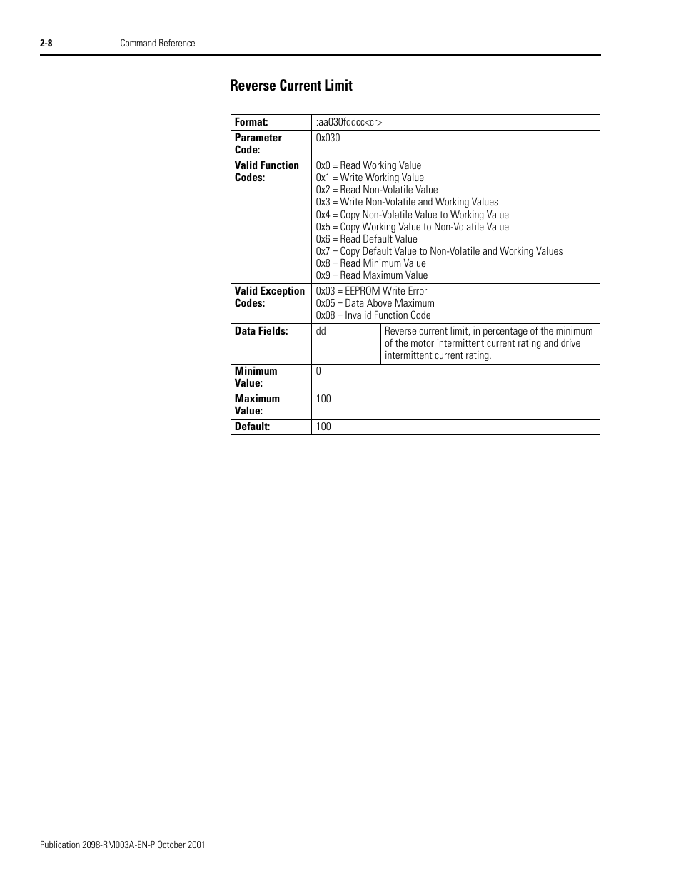 Reverse current limit, Reverse current limit -8 | Rockwell Automation 2098-DSD-xxx Ultra3000 Host Commands for Serial Interface User Manual | Page 24 / 176