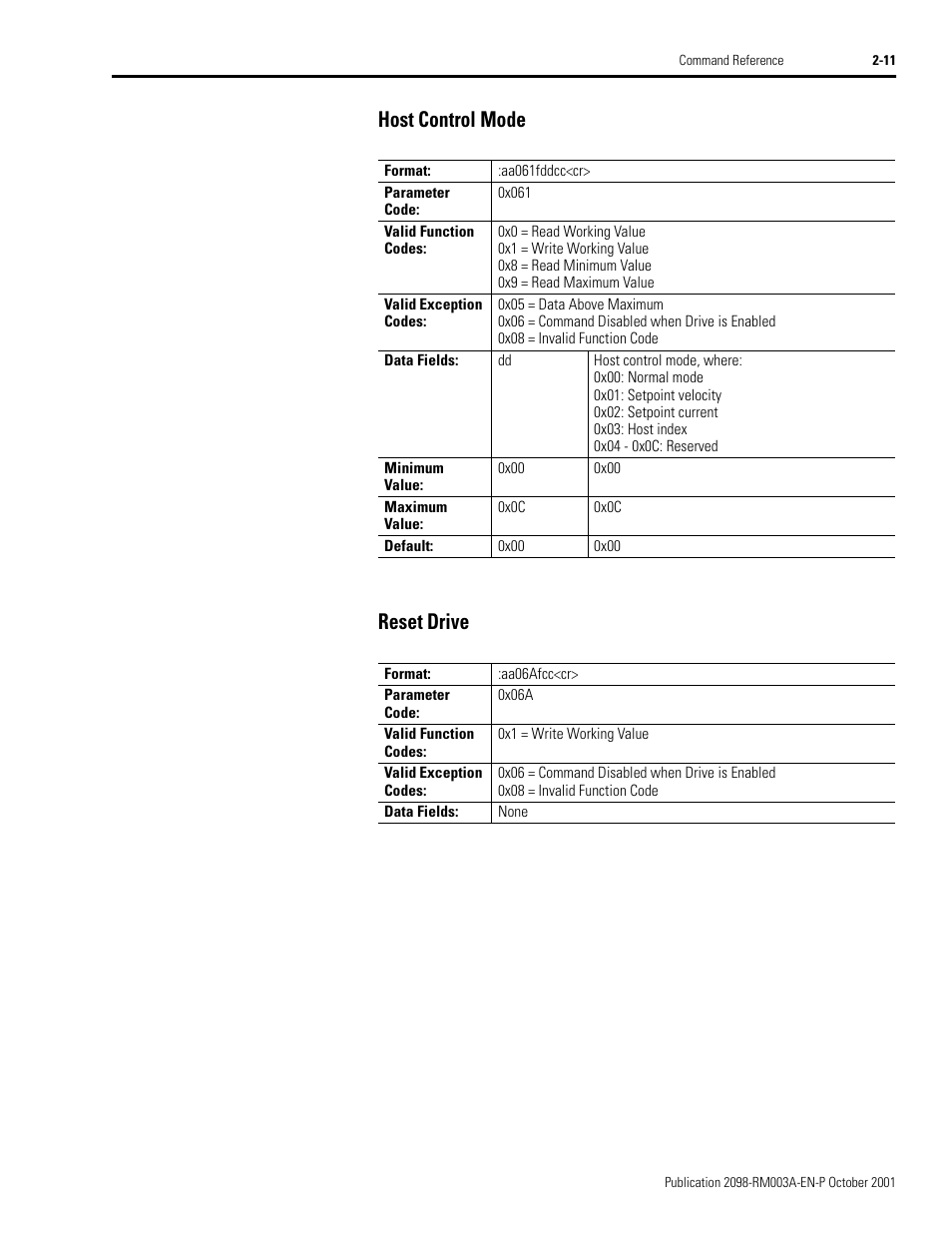 Host control mode, Reset drive, Host control mode -11 reset drive -11 | Host control mode reset drive | Rockwell Automation 2098-DSD-xxx Ultra3000 Host Commands for Serial Interface User Manual | Page 27 / 176