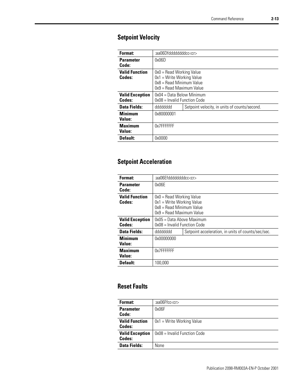 Setpoint velocity, Setpoint acceleration, Reset faults | Rockwell Automation 2098-DSD-xxx Ultra3000 Host Commands for Serial Interface User Manual | Page 29 / 176