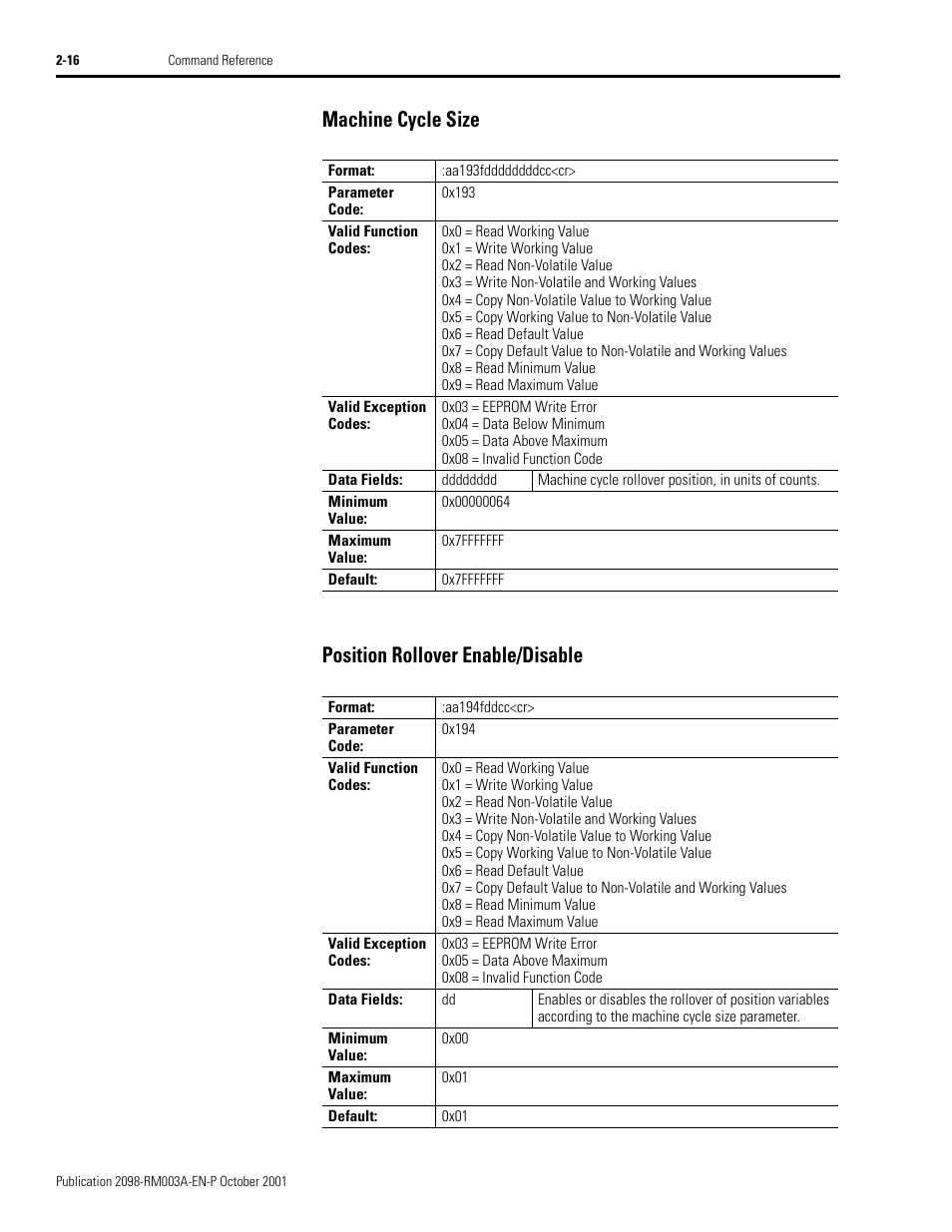 Machine cycle size, Position rollover enable/disable | Rockwell Automation 2098-DSD-xxx Ultra3000 Host Commands for Serial Interface User Manual | Page 32 / 176
