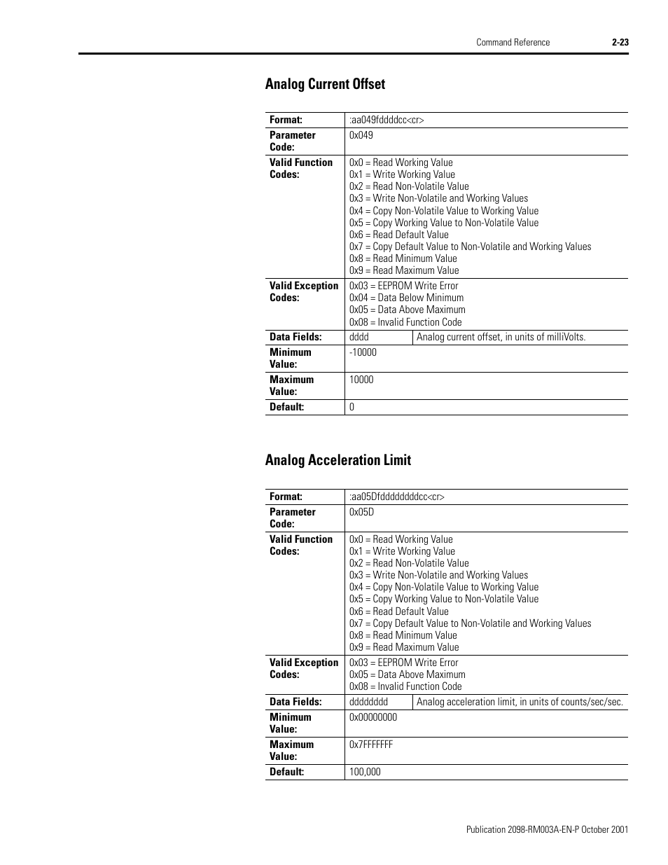 Analog current offset, Analog acceleration limit, Analog current offset analog acceleration limit | Rockwell Automation 2098-DSD-xxx Ultra3000 Host Commands for Serial Interface User Manual | Page 39 / 176