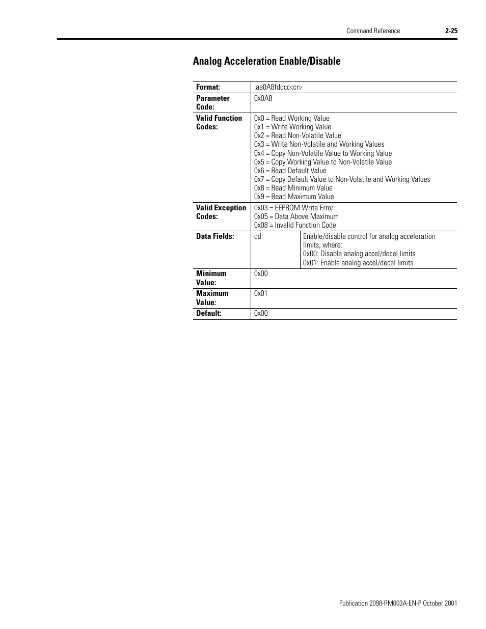 Analog acceleration enable/disable, Analog acceleration enable/disable -25 | Rockwell Automation 2098-DSD-xxx Ultra3000 Host Commands for Serial Interface User Manual | Page 41 / 176