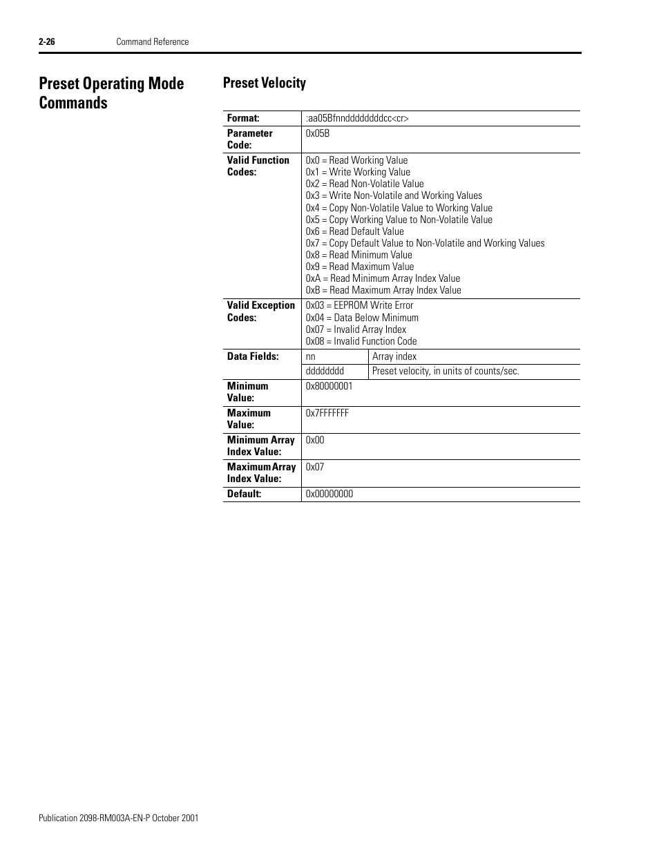 Preset operating mode commands, Preset velocity, Preset operating mode commands -26 | Preset velocity -26 | Rockwell Automation 2098-DSD-xxx Ultra3000 Host Commands for Serial Interface User Manual | Page 42 / 176