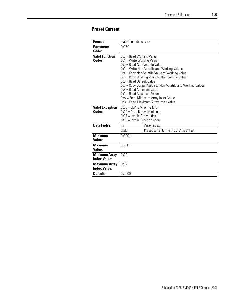 Preset current, Preset current -27 | Rockwell Automation 2098-DSD-xxx Ultra3000 Host Commands for Serial Interface User Manual | Page 43 / 176
