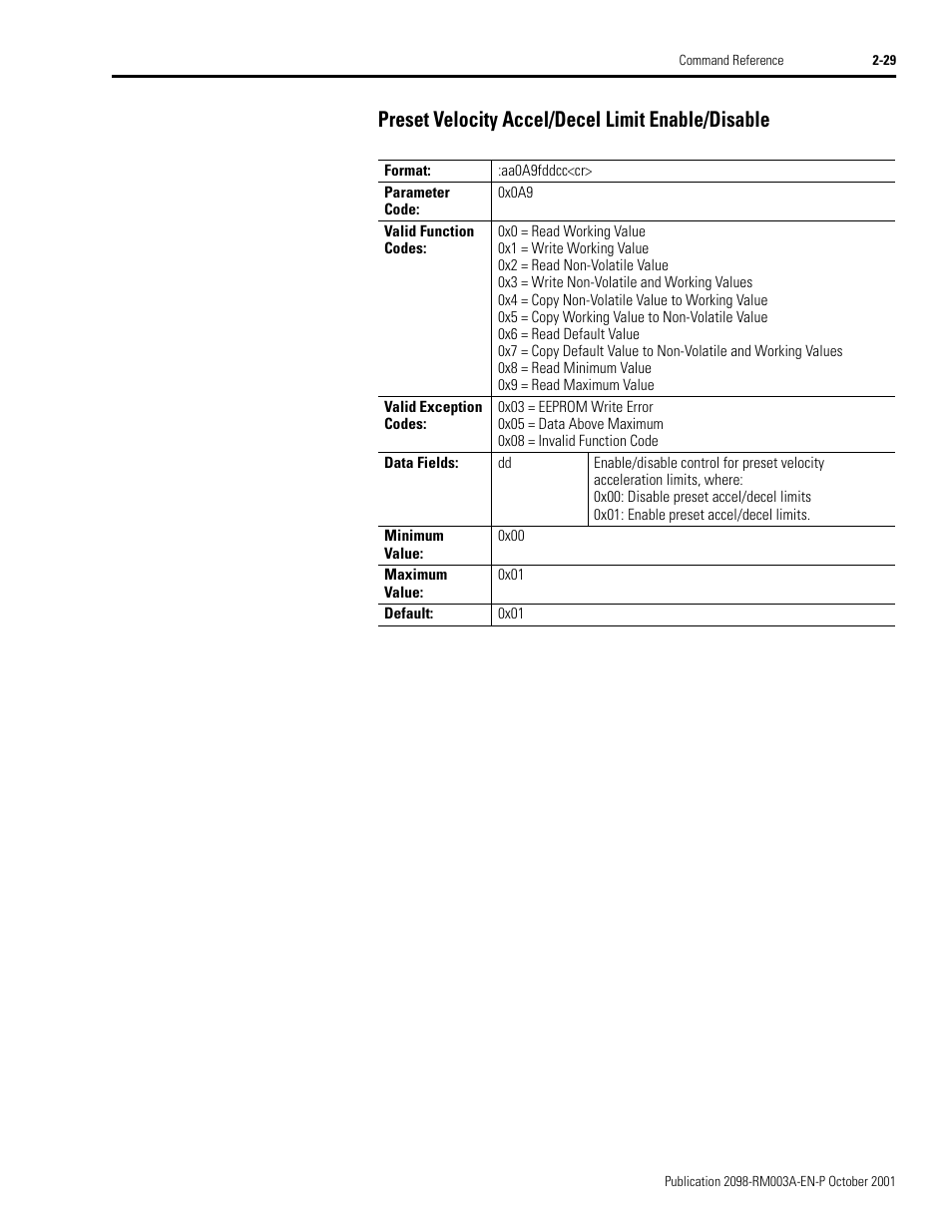 Preset velocity accel/decel limit enable/disable | Rockwell Automation 2098-DSD-xxx Ultra3000 Host Commands for Serial Interface User Manual | Page 45 / 176