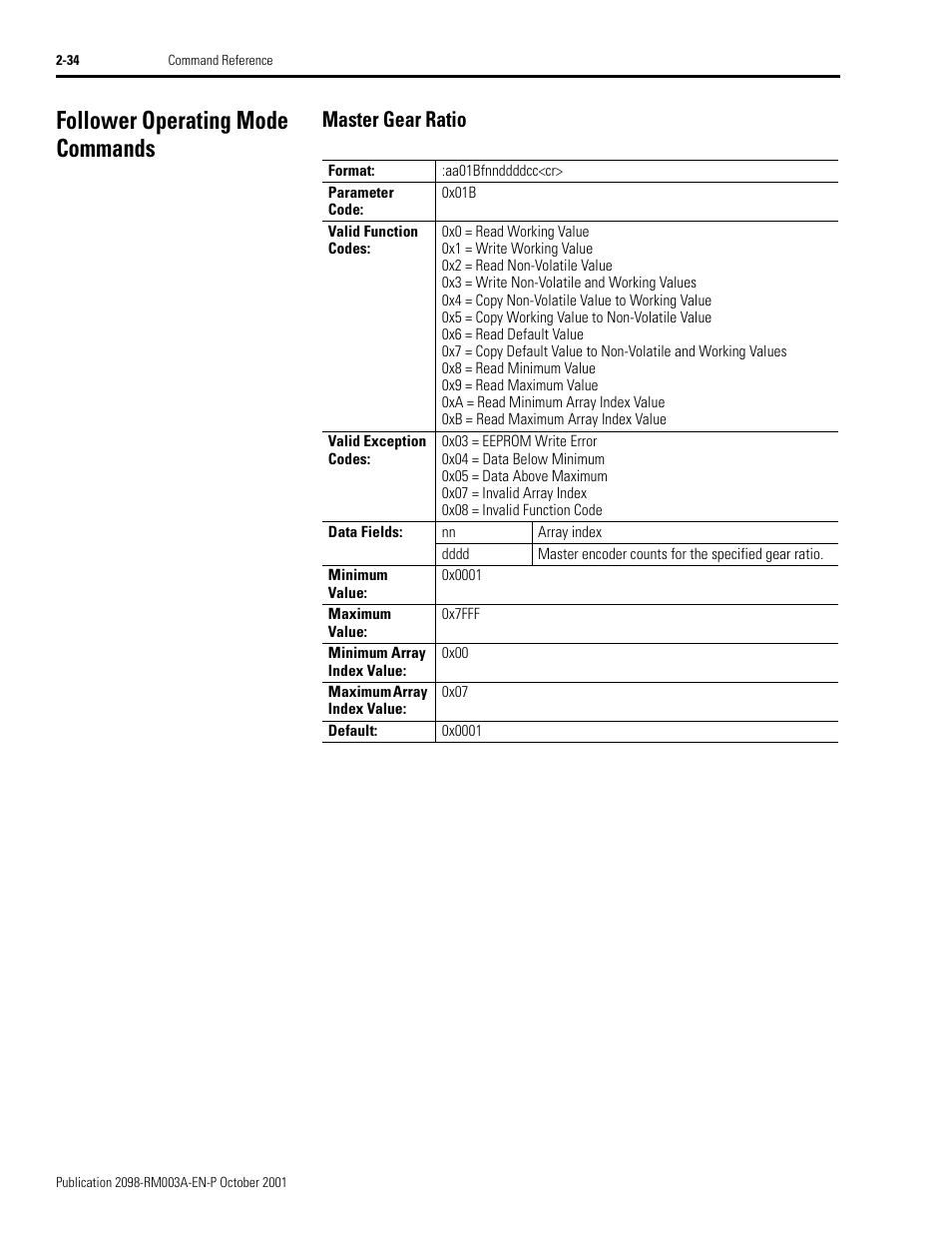 Follower operating mode commands, Master gear ratio, Follower operating mode commands -34 | Master gear ratio -34 | Rockwell Automation 2098-DSD-xxx Ultra3000 Host Commands for Serial Interface User Manual | Page 50 / 176