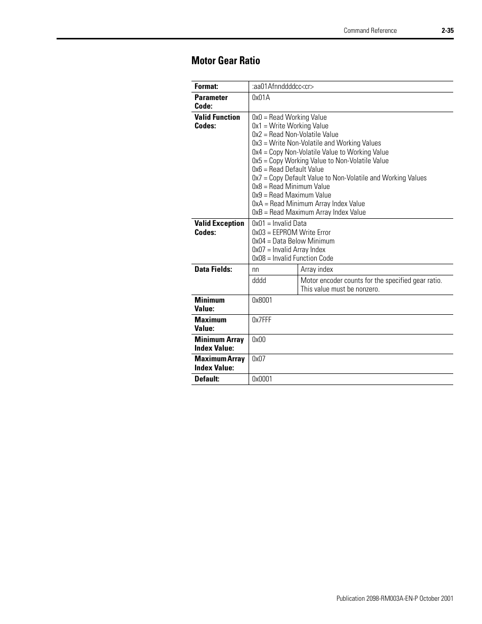 Motor gear ratio, Motor gear ratio -35 | Rockwell Automation 2098-DSD-xxx Ultra3000 Host Commands for Serial Interface User Manual | Page 51 / 176