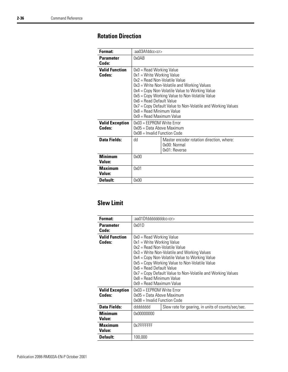 Rotation direction, Slew limit, Rotation direction -36 slew limit -36 | Rotation direction slew limit | Rockwell Automation 2098-DSD-xxx Ultra3000 Host Commands for Serial Interface User Manual | Page 52 / 176