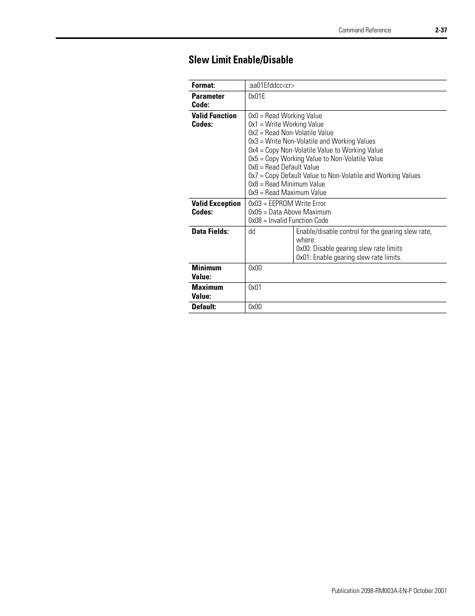 Slew limit enable/disable, Slew limit enable/disable -37 | Rockwell Automation 2098-DSD-xxx Ultra3000 Host Commands for Serial Interface User Manual | Page 53 / 176