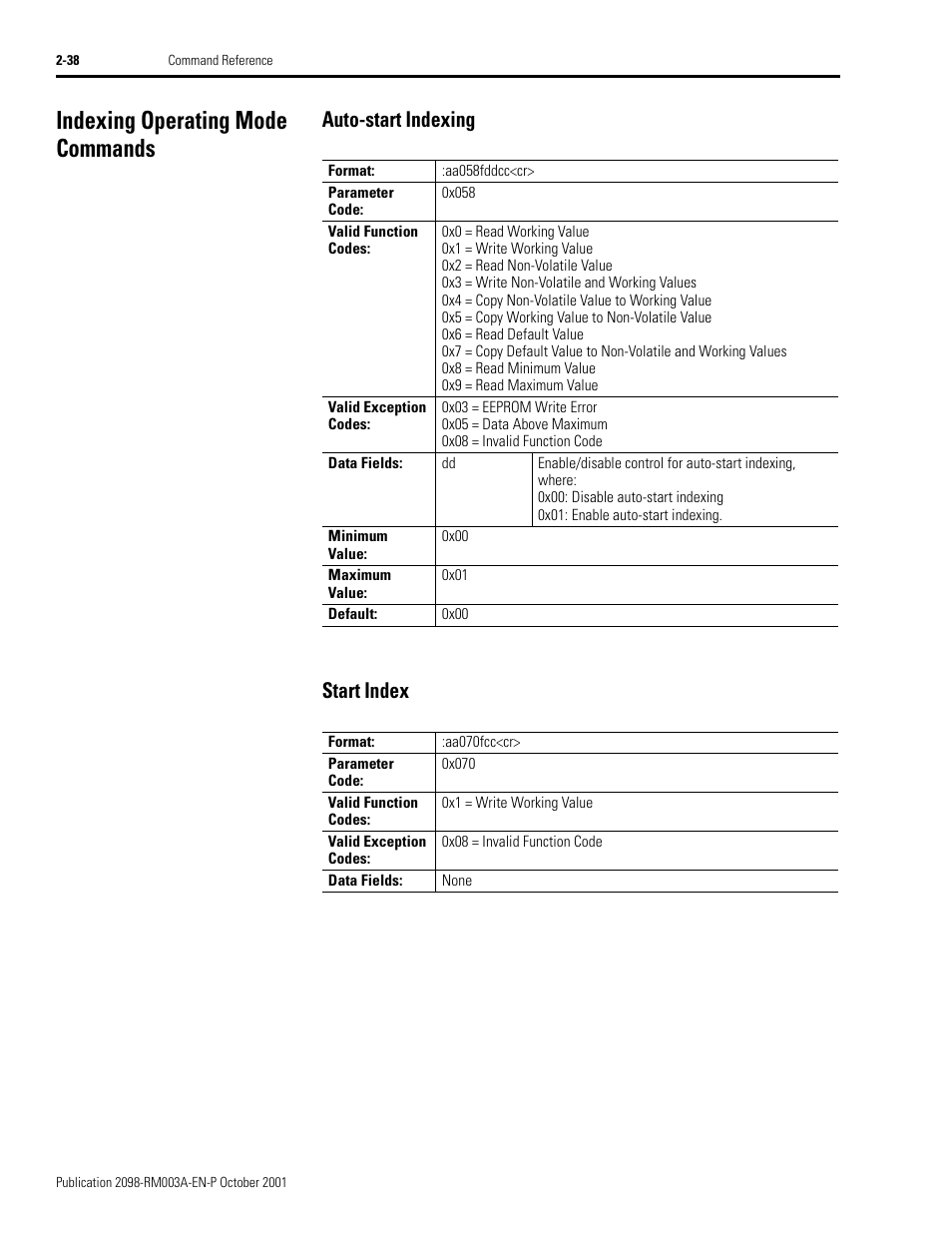 Indexing operating mode commands, Auto-start indexing, Start index | Indexing operating mode commands -38, Auto-start indexing -38 start index -38, Auto-start indexing start index | Rockwell Automation 2098-DSD-xxx Ultra3000 Host Commands for Serial Interface User Manual | Page 54 / 176