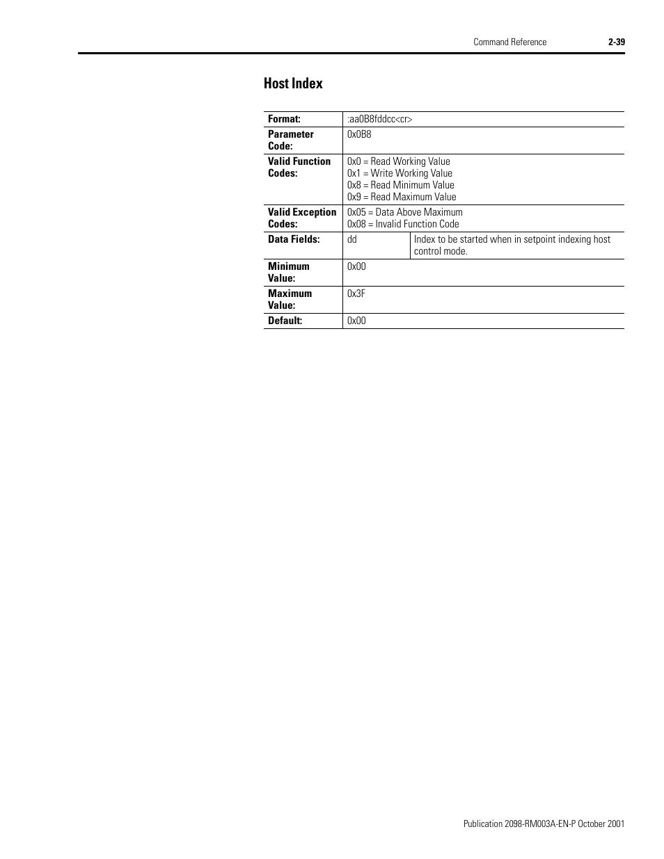 Host index, Host index -39 | Rockwell Automation 2098-DSD-xxx Ultra3000 Host Commands for Serial Interface User Manual | Page 55 / 176