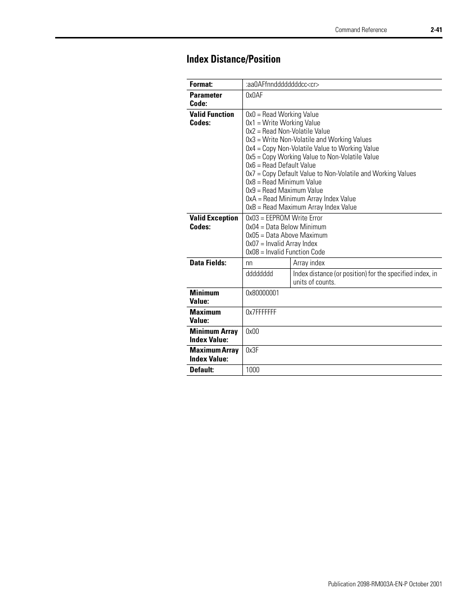 Index distance/position, Index distance/position -41 | Rockwell Automation 2098-DSD-xxx Ultra3000 Host Commands for Serial Interface User Manual | Page 57 / 176