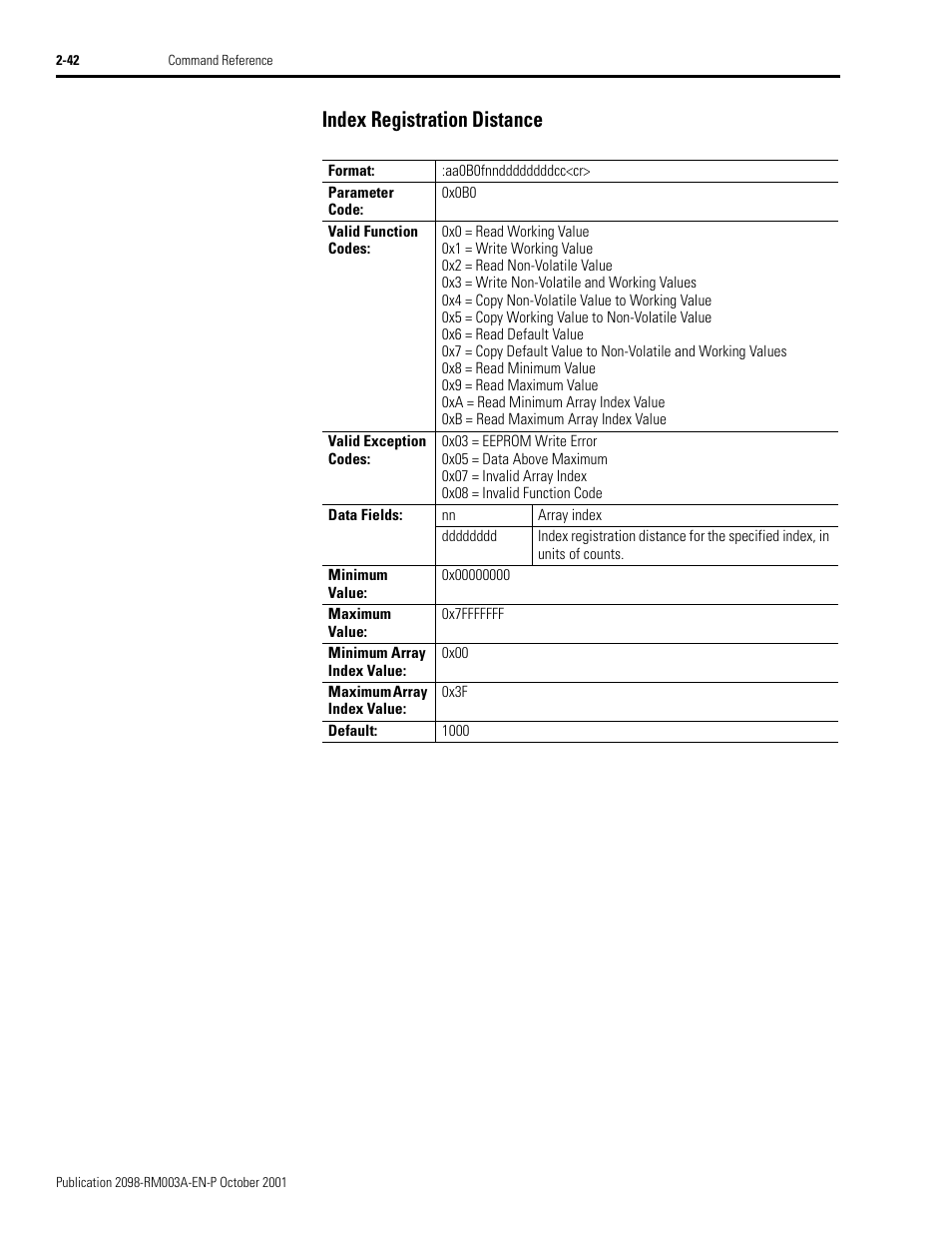 Index registration distance, Index registration distance -42 | Rockwell Automation 2098-DSD-xxx Ultra3000 Host Commands for Serial Interface User Manual | Page 58 / 176