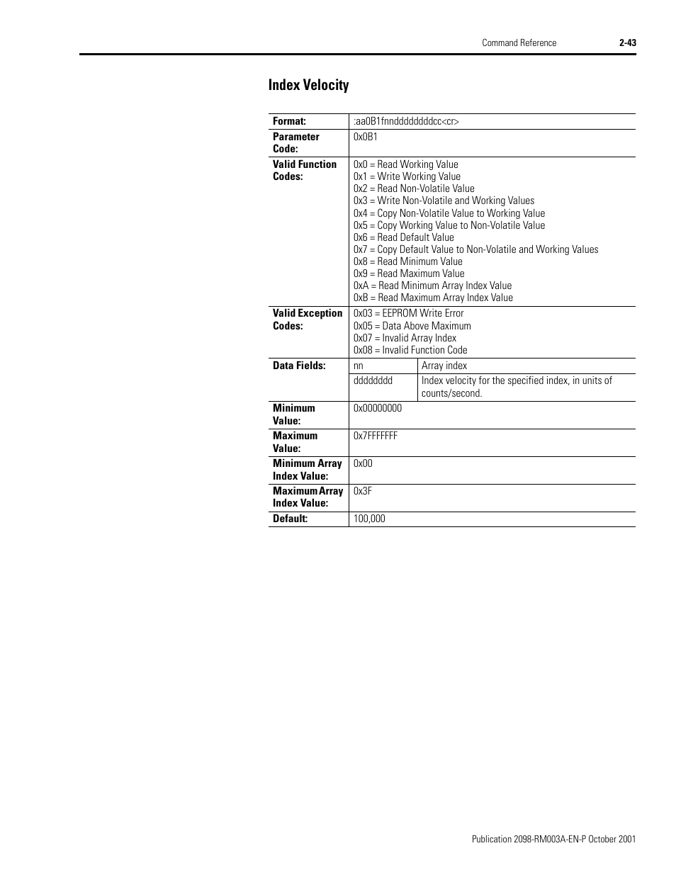 Index velocity, Index velocity -43 | Rockwell Automation 2098-DSD-xxx Ultra3000 Host Commands for Serial Interface User Manual | Page 59 / 176