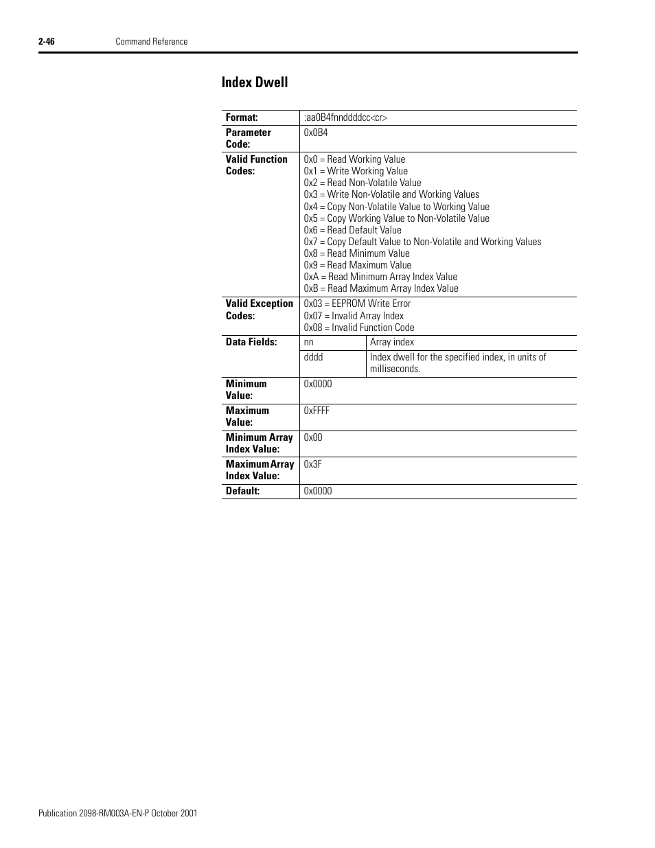 Index dwell, Index dwell -46 | Rockwell Automation 2098-DSD-xxx Ultra3000 Host Commands for Serial Interface User Manual | Page 62 / 176