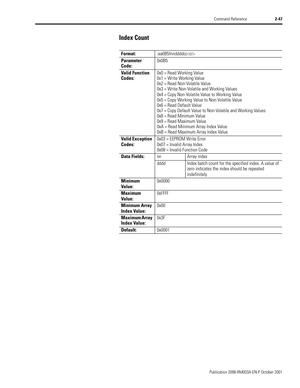 Index count, Index count -47 | Rockwell Automation 2098-DSD-xxx Ultra3000 Host Commands for Serial Interface User Manual | Page 63 / 176