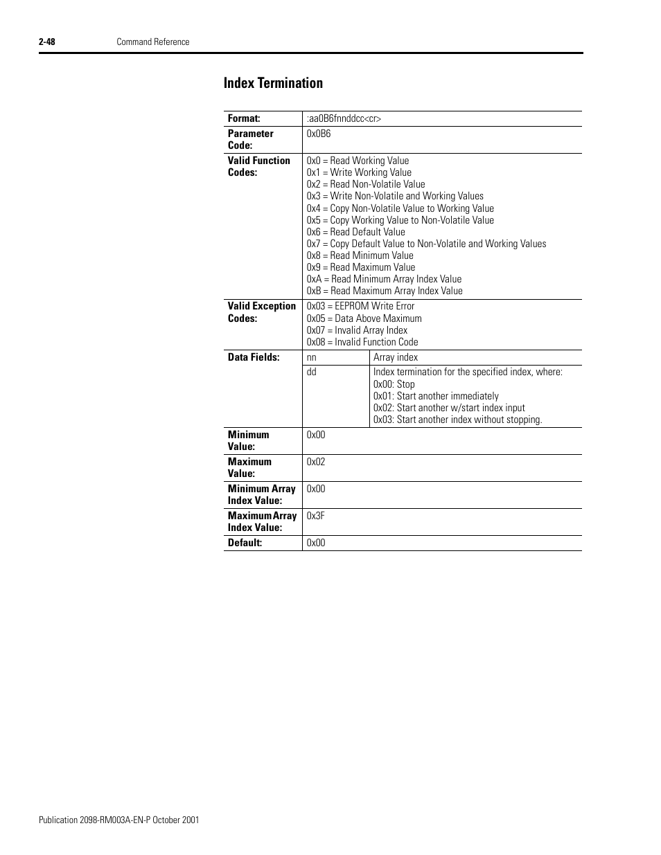Index termination, Index termination -48 | Rockwell Automation 2098-DSD-xxx Ultra3000 Host Commands for Serial Interface User Manual | Page 64 / 176