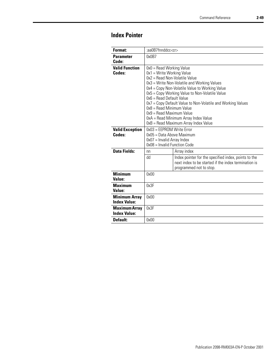 Index pointer, Index pointer -49 | Rockwell Automation 2098-DSD-xxx Ultra3000 Host Commands for Serial Interface User Manual | Page 65 / 176