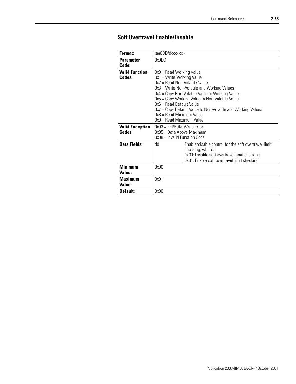 Soft overtravel enable/disable, Soft overtravel enable/disable -53 | Rockwell Automation 2098-DSD-xxx Ultra3000 Host Commands for Serial Interface User Manual | Page 69 / 176