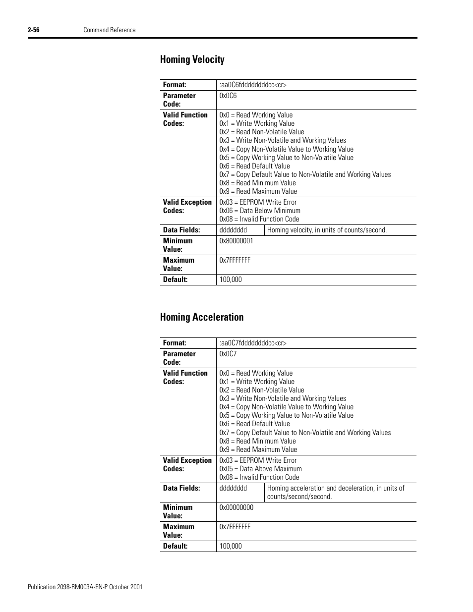 Homing velocity, Homing acceleration, Homing velocity -56 homing acceleration -56 | Homing velocity homing acceleration | Rockwell Automation 2098-DSD-xxx Ultra3000 Host Commands for Serial Interface User Manual | Page 72 / 176