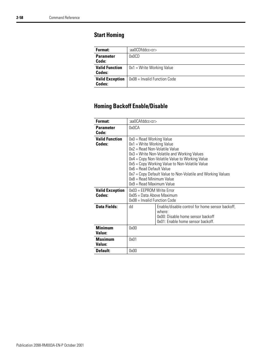 Start homing, Homing backoff enable/disable, Start homing -58 homing backoff enable/disable -58 | Start homing homing backoff enable/disable | Rockwell Automation 2098-DSD-xxx Ultra3000 Host Commands for Serial Interface User Manual | Page 74 / 176