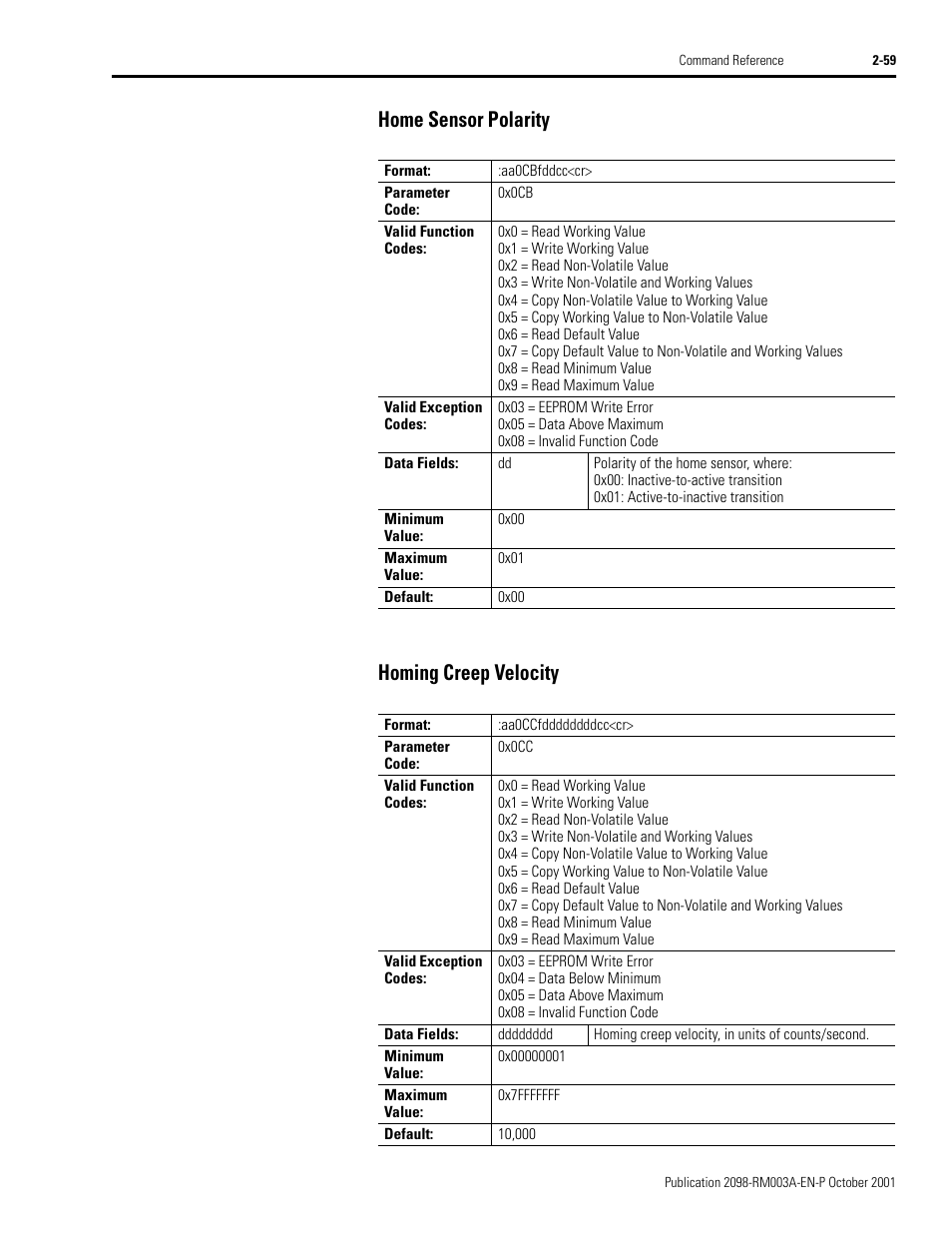 Home sensor polarity, Homing creep velocity, Home sensor polarity -59 homing creep velocity -59 | Home sensor polarity homing creep velocity | Rockwell Automation 2098-DSD-xxx Ultra3000 Host Commands for Serial Interface User Manual | Page 75 / 176