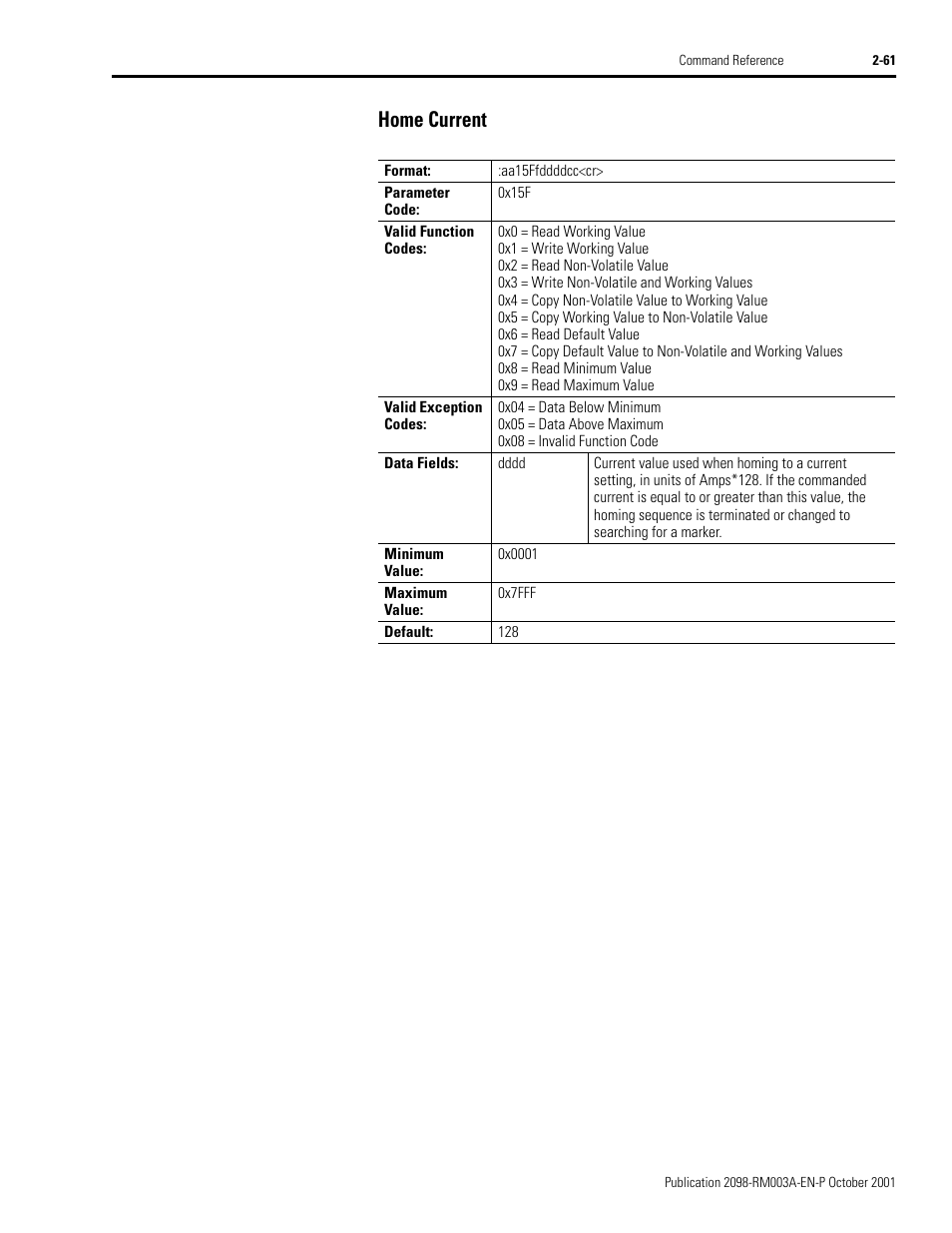 Home current, Home current -61 | Rockwell Automation 2098-DSD-xxx Ultra3000 Host Commands for Serial Interface User Manual | Page 77 / 176
