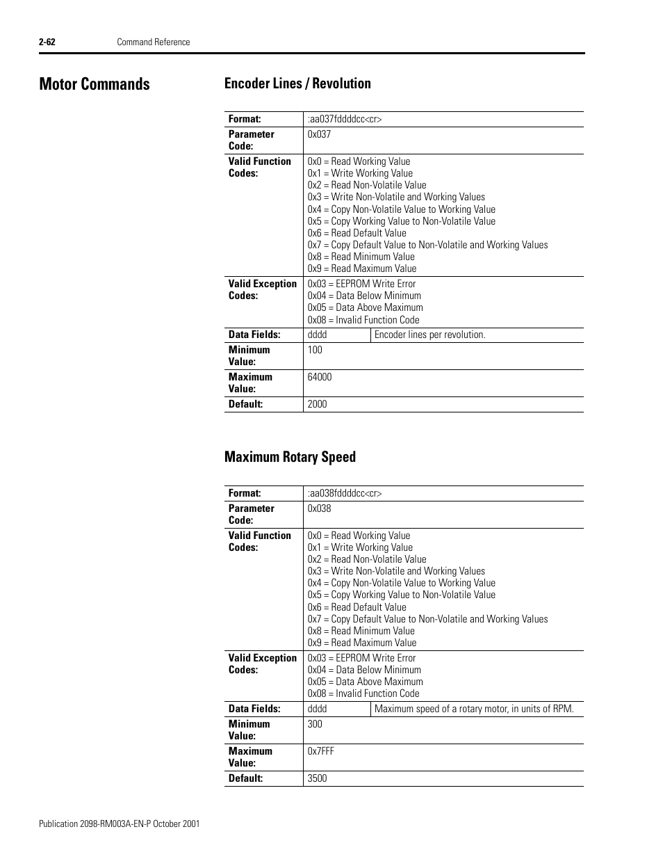 Motor commands, Encoder lines / revolution, Maximum rotary speed | Motor commands -62, Encoder lines / revolution maximum rotary speed | Rockwell Automation 2098-DSD-xxx Ultra3000 Host Commands for Serial Interface User Manual | Page 78 / 176