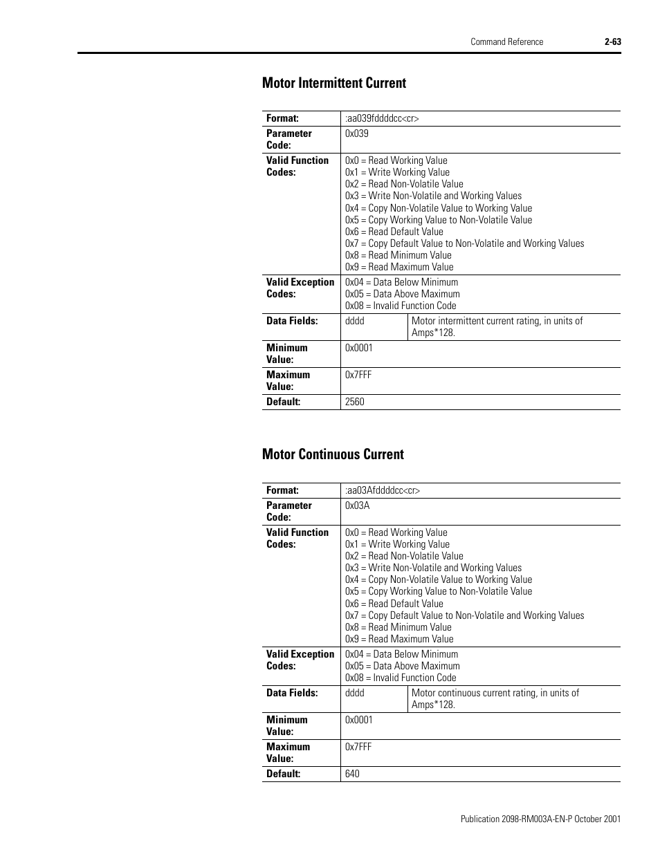 Motor intermittent current, Motor continuous current | Rockwell Automation 2098-DSD-xxx Ultra3000 Host Commands for Serial Interface User Manual | Page 79 / 176