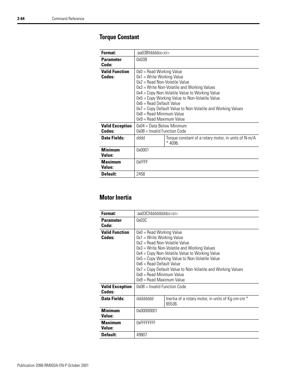 Torque constant, Motor inertia, Torque constant -64 motor inertia -64 | Torque constant motor inertia | Rockwell Automation 2098-DSD-xxx Ultra3000 Host Commands for Serial Interface User Manual | Page 80 / 176
