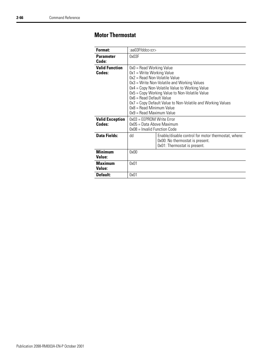 Motor thermostat, Motor thermostat -66 | Rockwell Automation 2098-DSD-xxx Ultra3000 Host Commands for Serial Interface User Manual | Page 82 / 176