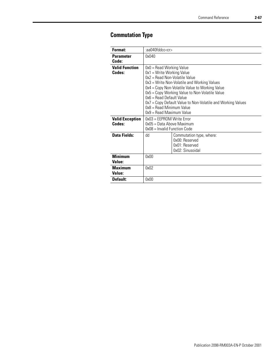 Commutation type, Commutation type -67 | Rockwell Automation 2098-DSD-xxx Ultra3000 Host Commands for Serial Interface User Manual | Page 83 / 176