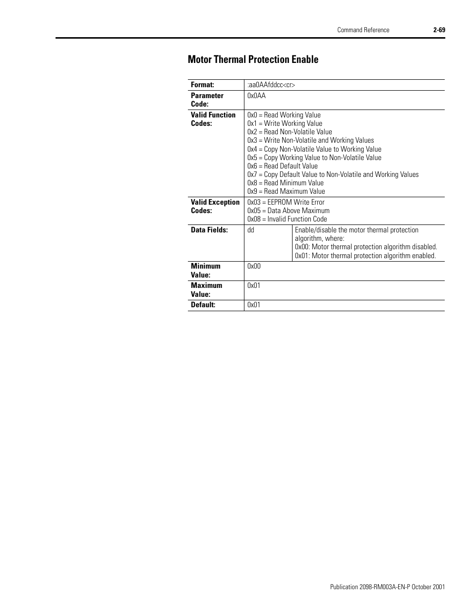 Motor thermal protection enable, Motor thermal protection enable -69 | Rockwell Automation 2098-DSD-xxx Ultra3000 Host Commands for Serial Interface User Manual | Page 85 / 176