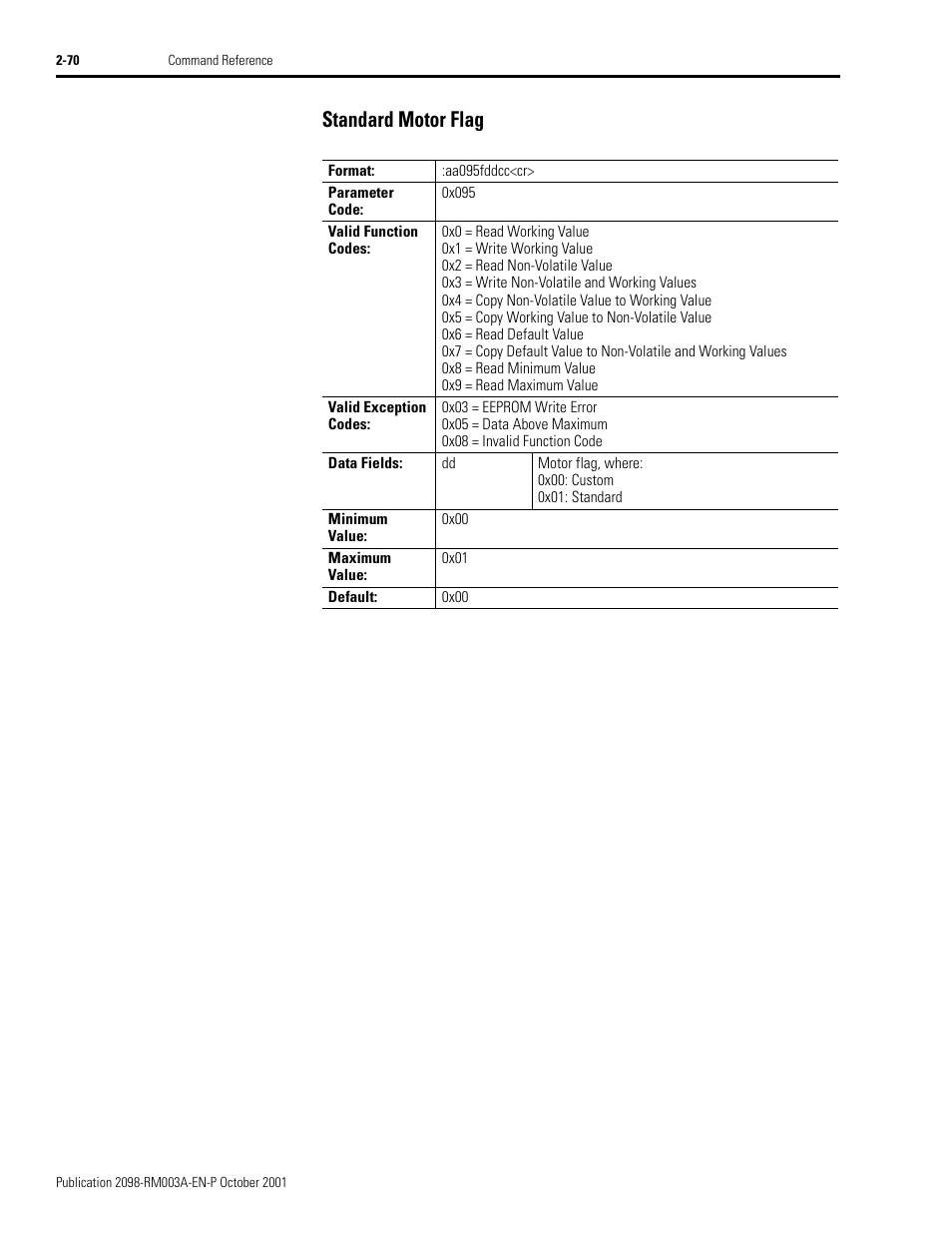 Standard motor flag, Standard motor flag -70 | Rockwell Automation 2098-DSD-xxx Ultra3000 Host Commands for Serial Interface User Manual | Page 86 / 176