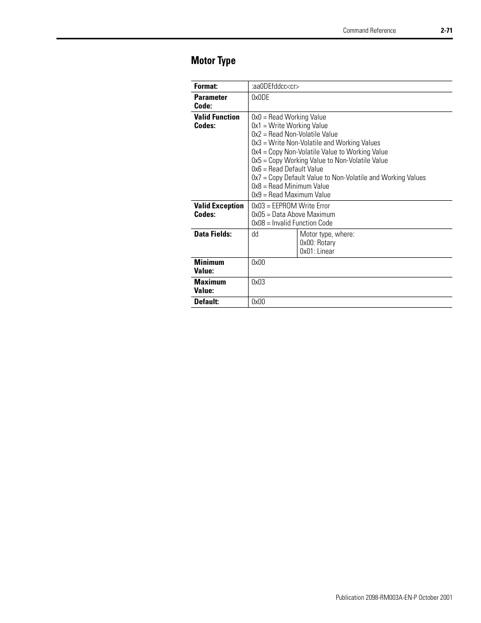 Motor type, Motor type -71 | Rockwell Automation 2098-DSD-xxx Ultra3000 Host Commands for Serial Interface User Manual | Page 87 / 176
