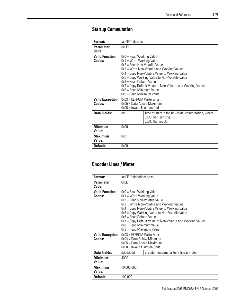 Startup commutation, Encoder lines / meter, Startup commutation -73 encoder lines / meter -73 | Startup commutation encoder lines / meter | Rockwell Automation 2098-DSD-xxx Ultra3000 Host Commands for Serial Interface User Manual | Page 89 / 176