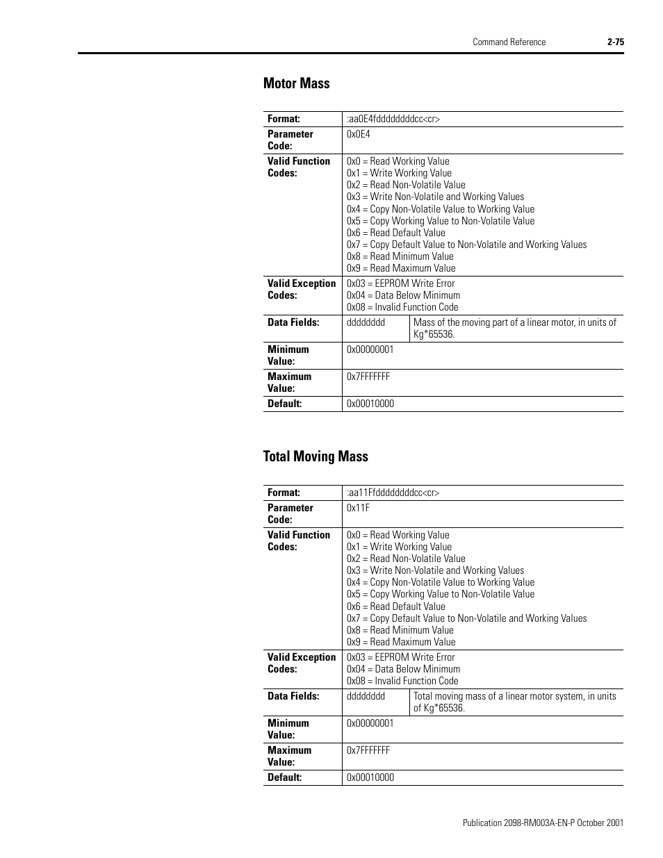 Motor mass, Total moving mass, Motor mass -75 total moving mass -75 | Motor mass total moving mass | Rockwell Automation 2098-DSD-xxx Ultra3000 Host Commands for Serial Interface User Manual | Page 91 / 176