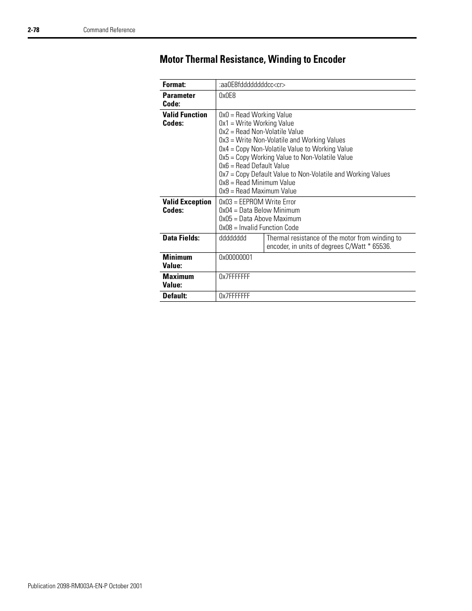 Motor thermal resistance, winding to encoder, Motor thermal resistance, winding to encoder -78 | Rockwell Automation 2098-DSD-xxx Ultra3000 Host Commands for Serial Interface User Manual | Page 94 / 176