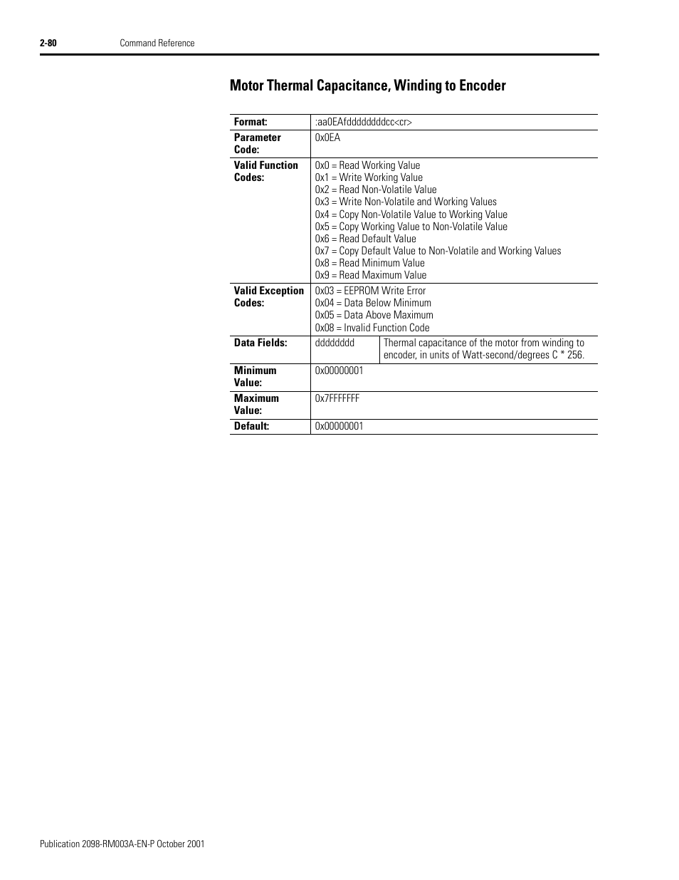 Motor thermal capacitance, winding to encoder, Motor thermal capacitance, winding to encoder -80 | Rockwell Automation 2098-DSD-xxx Ultra3000 Host Commands for Serial Interface User Manual | Page 96 / 176