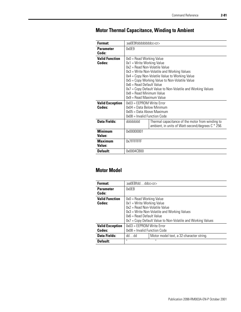 Motor thermal capacitance, winding to ambient, Motor model | Rockwell Automation 2098-DSD-xxx Ultra3000 Host Commands for Serial Interface User Manual | Page 97 / 176