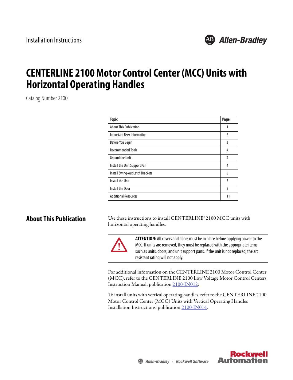 Rockwell Automation 2100 CENTERLINE Motor Control Center (MCC) Units with Horizontal Operating Handl User Manual | 12 pages