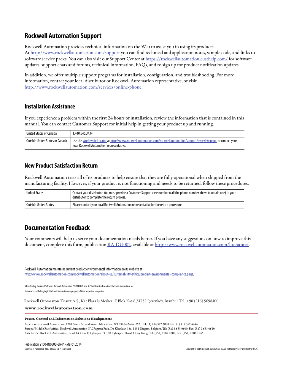 Back cover, Rockwell automation support, Documentation feedback | Installation assistance, New product satisfaction return | Rockwell Automation 2100 CENTERLINE Motor Control Center (MCC) Units with Horizontal Operating Handl User Manual | Page 12 / 12