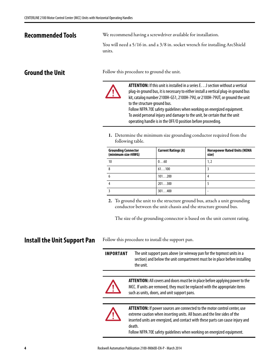 Recommended tools, Ground the unit, Install the unit support pan | Rockwell Automation 2100 CENTERLINE Motor Control Center (MCC) Units with Horizontal Operating Handl User Manual | Page 4 / 12